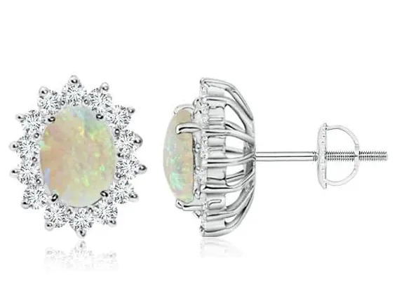 Oval Opal Flower Stud Earrings with Diamond Halo by Angara