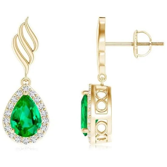 Pear Shape green Emerald Halo Drop Earrings with Trio Swirls by ANGARA