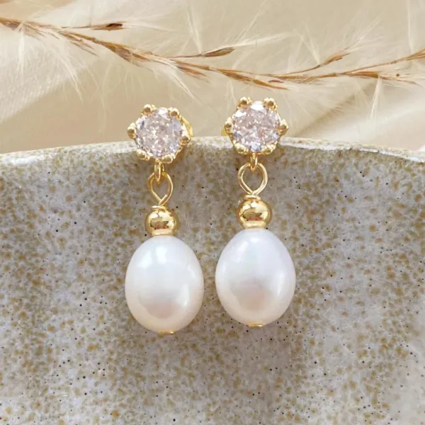 Pearl Stud Drop golded Earrings with CZ Diamond