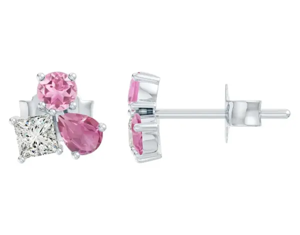 Pink Tourmaline, Rose Quartz and Diamond Trio Gemstone Stud Earrings by Angara