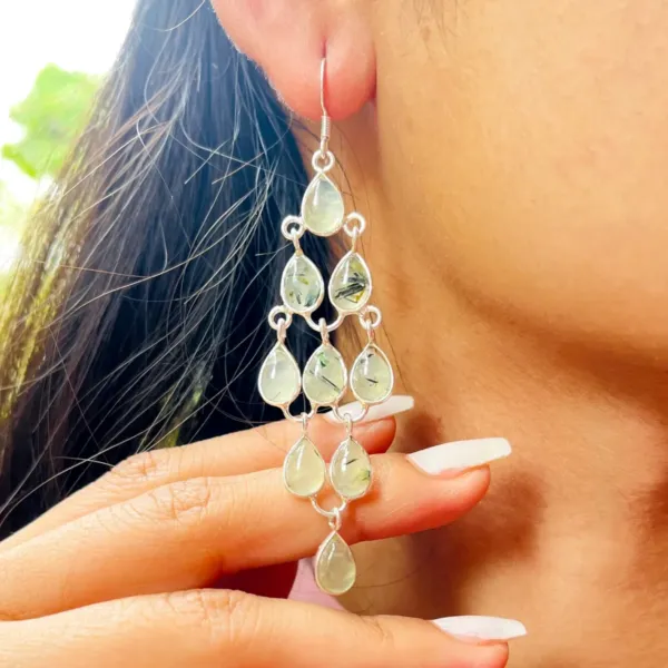 Prehnite Triple Drop Cascading Earrings on lady's ear