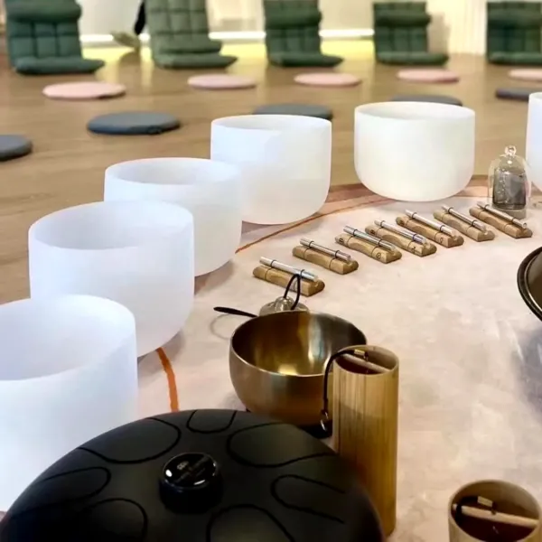 Quartz Crystal Singing Bowls set-up for sound bath session.