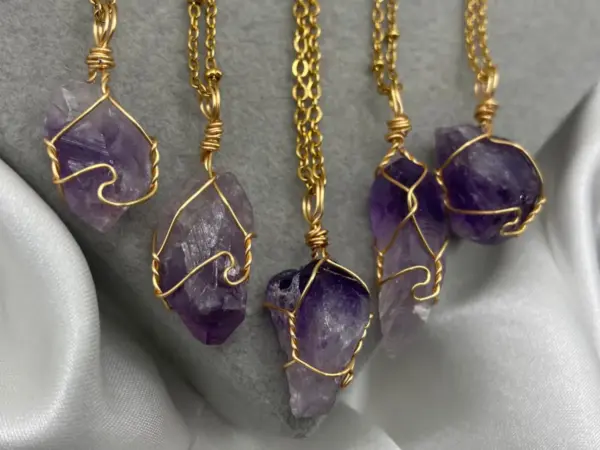 Raw Amethyst Point gold Wire Wrapped Necklaces