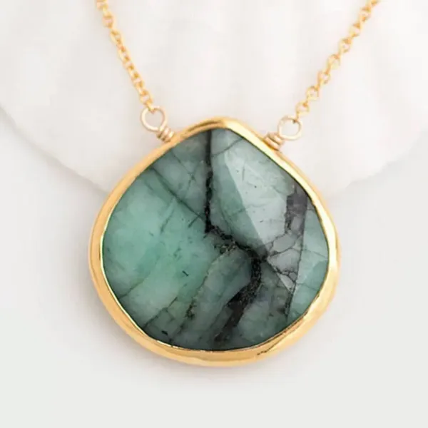 Raw green Emerald Necklace on golden chain