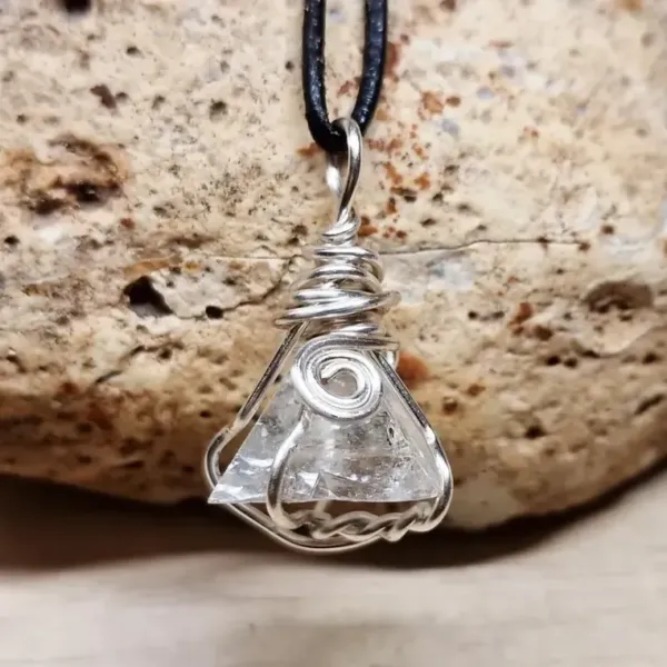 Raw Pyramid Apophyllite silver Wire Wrapped Pendant black leather cord