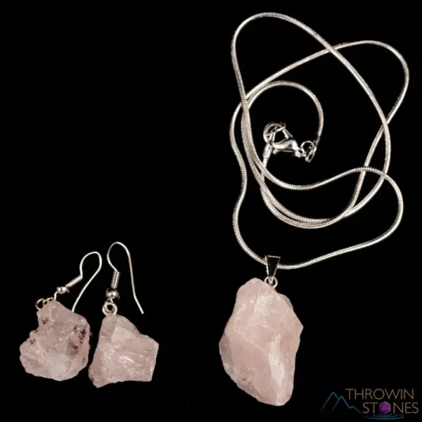 Raw Rose Quartz Necklace and Earrings Set