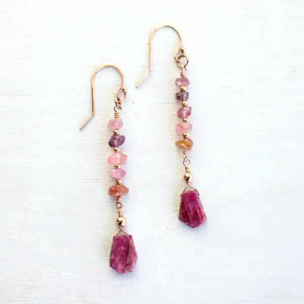 A pair of dangle Raw Ruby Earrings with five Raw Spinel Crystals