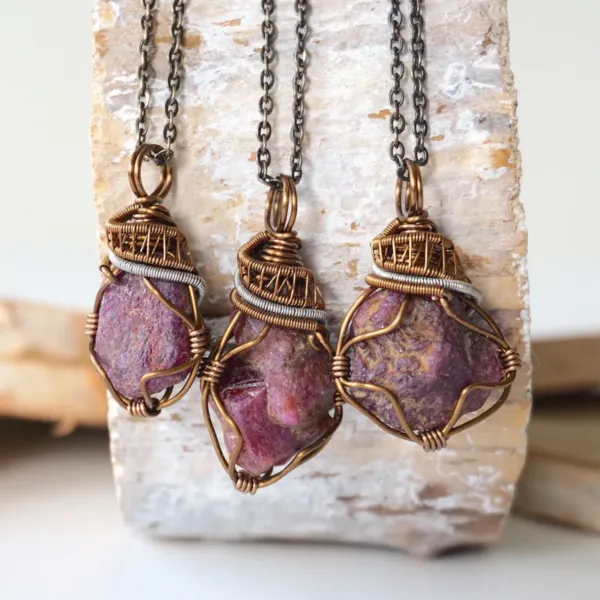 Three wire wrapped Raw Ruby Necklaces