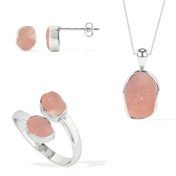 Natural Rose Quartz Jewelry Set - earrings, necklace and ring