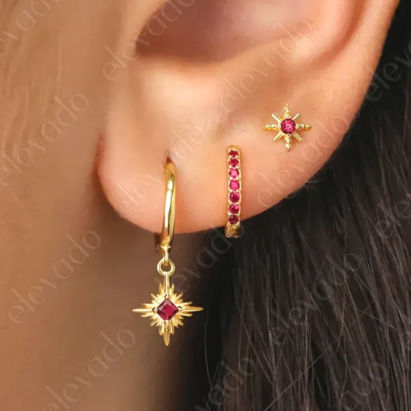 Ruby Starburst and Huggie Hoop golden Earrings Set