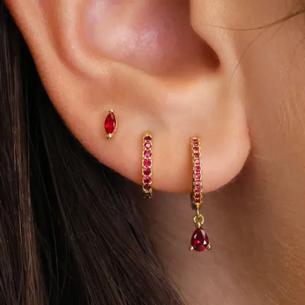 Ruby Teardrop Hoop Earring Set or three earrings