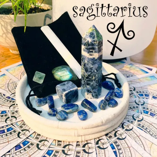 Sagittarius - Zodiac Crystal Fusion Set with Sodalite, Lapis Lazuli, Selenite, Green Fluorite, Labradorite and velvet pouch