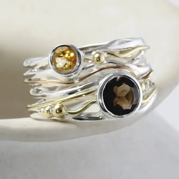 Smoky Quartz & Citrine Statement silver Ring