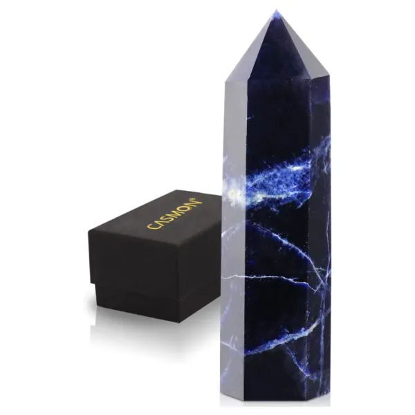 Sodalite Crystal Wand 3.2"-3.5" Healing Crystal Tower, Natural Large 6 Faceted Point Wands with Gift Box for Reiki, Chakra, Meditation, Collection, Home Décor