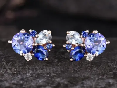 Dainty Round Cut Tanzanite 14k Rose Gold Stud Earrings with Blue Sapphire and Aquamarine Cluster, December birthstone