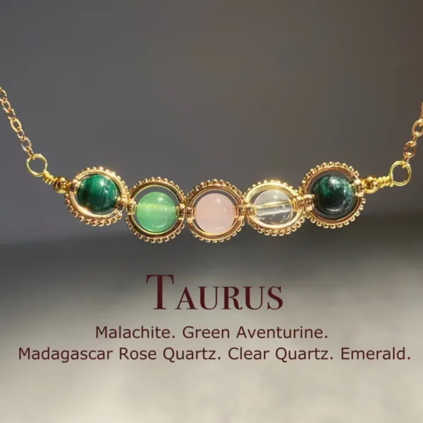 Handmade Taurus gold Necklace with Emerald, Green Aventurine, Clear Quartz, Rose Quartz and Malachite balls