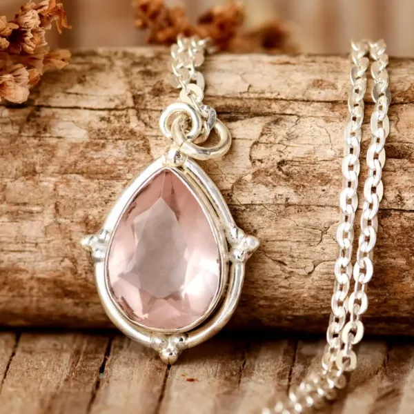 Teardrop pink Rose Quartz silver Necklace