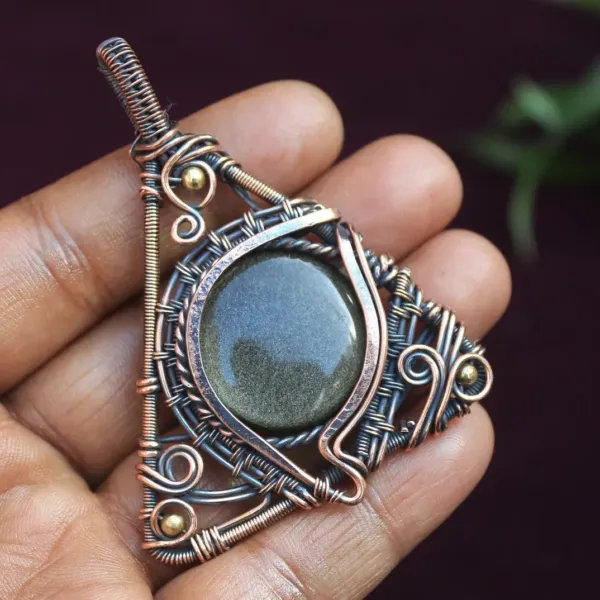 Triangle Golden Sheen Obsidian Copper Wire Wrap Pendant