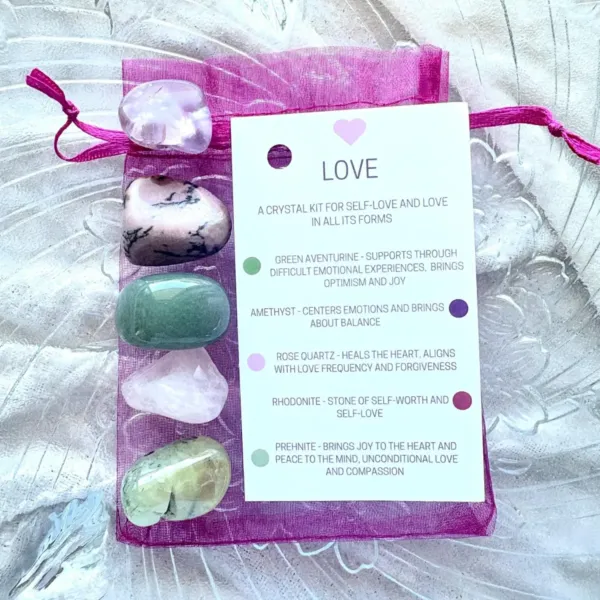 Tumbled Stones Crystals for Love Kit - Green aventurine, amethyst, rose quartz, rhodonite, and prehnite.