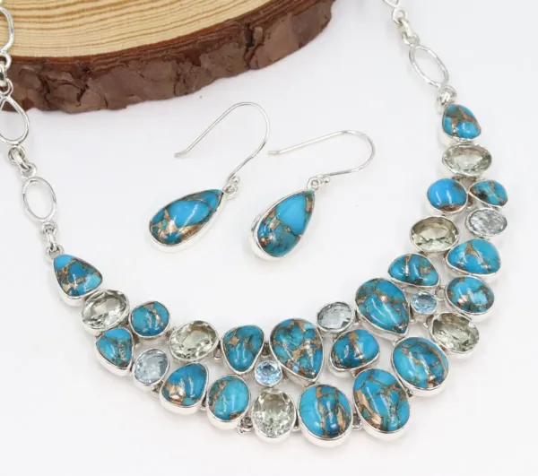 Turquoise and Blue Topaz Necklace and Earrings Set