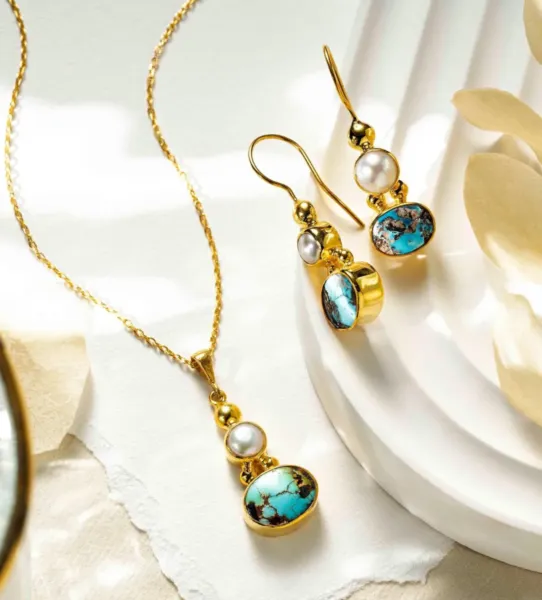 Turquoise Jewelry Set with Natural Pearl on 18K Gold Vermeil Silver, December birhtstone