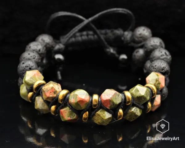 Natural Unakite and Black Lava Beaded Bracelet