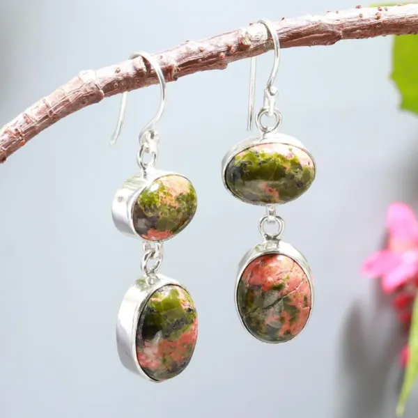 A pair of Unakite Drop Dangle two-stone Earrings