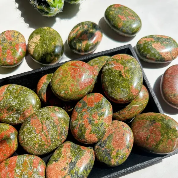 Unakite Palm Stones in the black dish