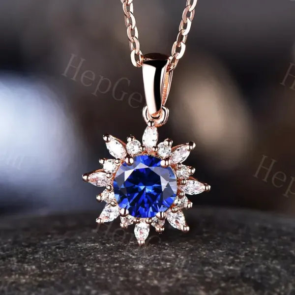 Vintage Round blue Sapphire Necklace in a shape of the flower with diamond look crystal petals