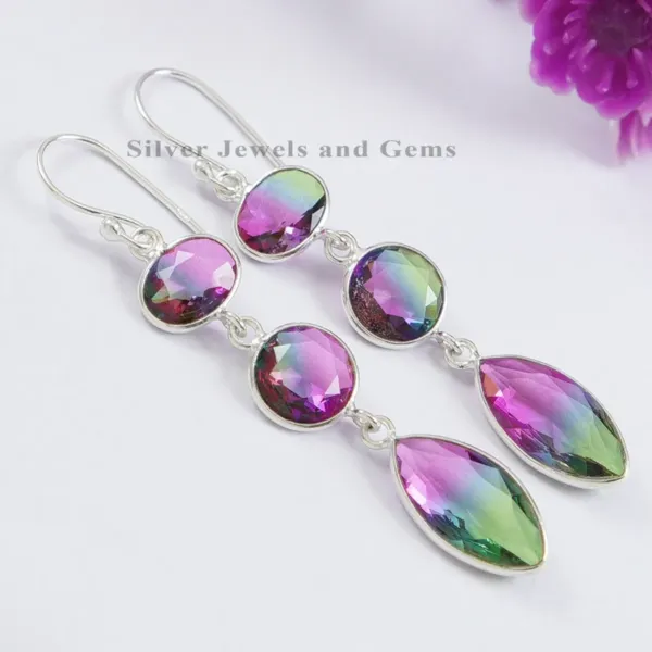 A pair of Watermelon Tourmaline silver Earrings - three oval and round shaped crystals connected in dangle earring