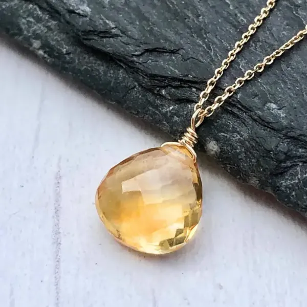 Yellow Topaz Teardrop Pendant, Solid 14k Gold Necklace - November Birthstone